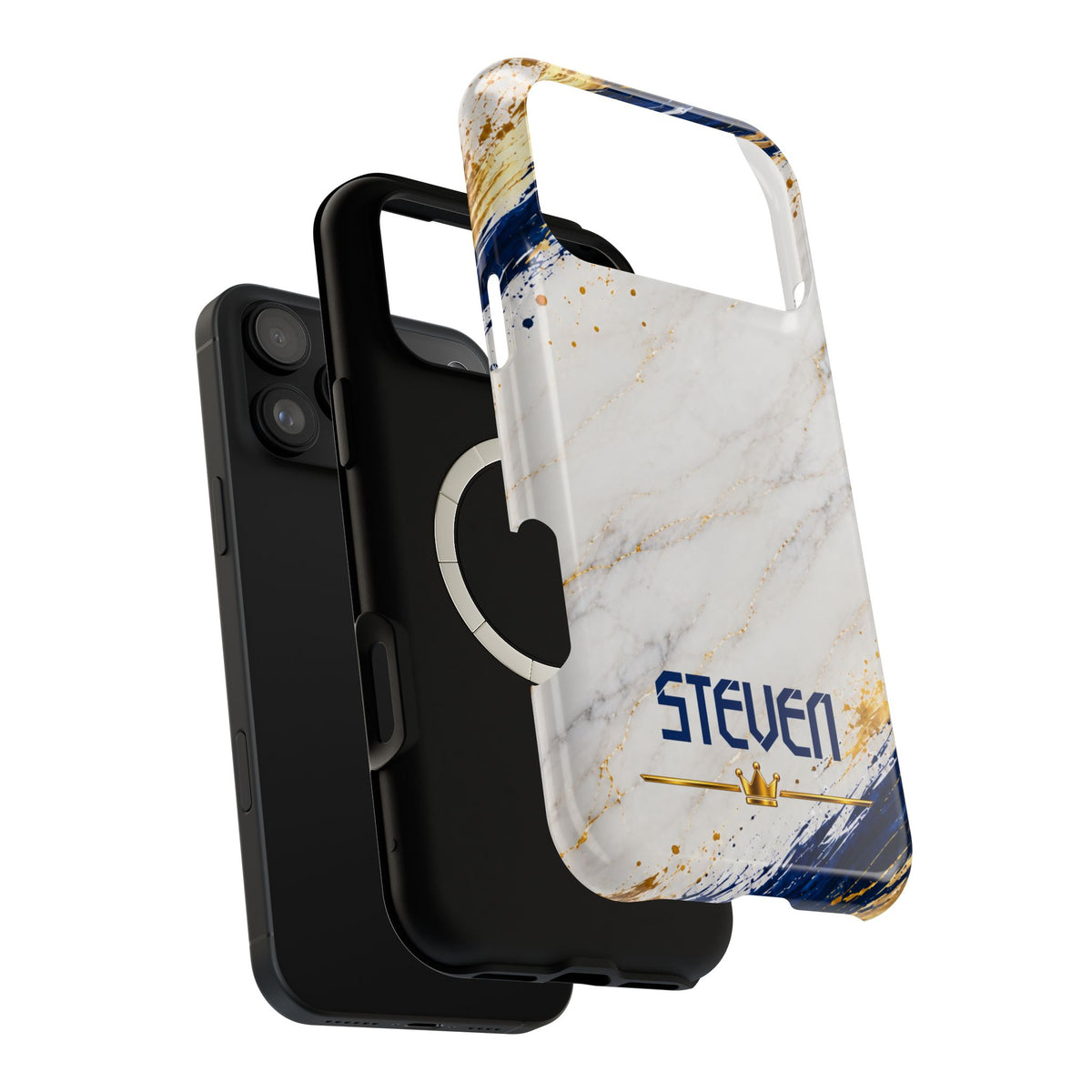 Personalized White Marble & Navy Gold MagSafe Phone Case – Custom Name — Personalized Marble Phone Case