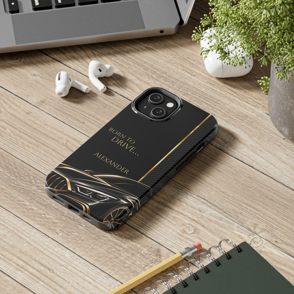 Born to Drive Personalized Tough Phone Case — Personalized Luxury Car Phone Case – Black & Gold Automotive Design