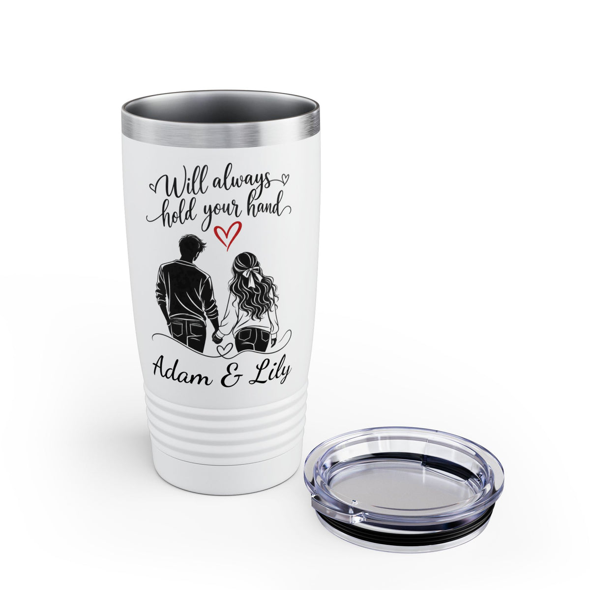 Personalized Couple Tumbler – “Will Always Hold Your Hand” Travel Coffee Cup with Custom Names, Romantic Gift for Couples