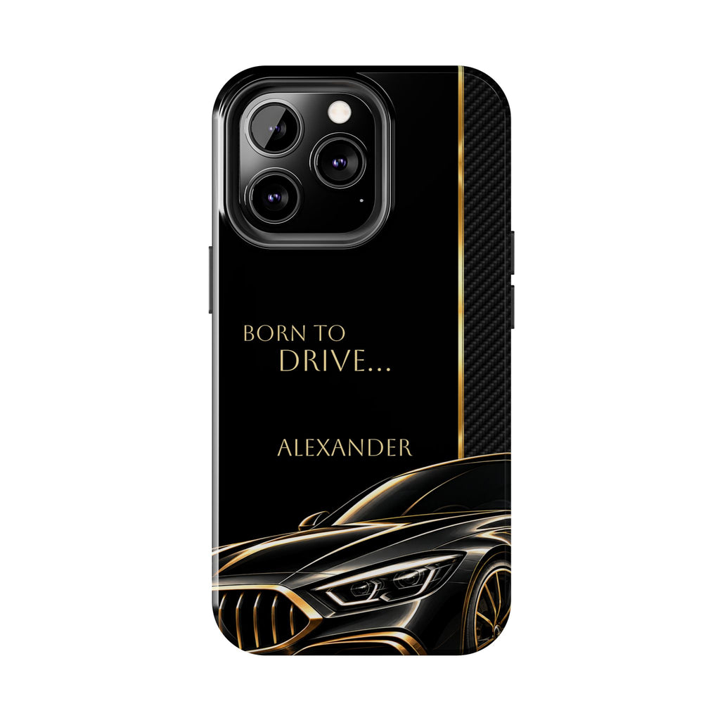 Born to Drive Personalized Tough Phone Case — Personalized Luxury Car Phone Case – Black & Gold Automotive Design