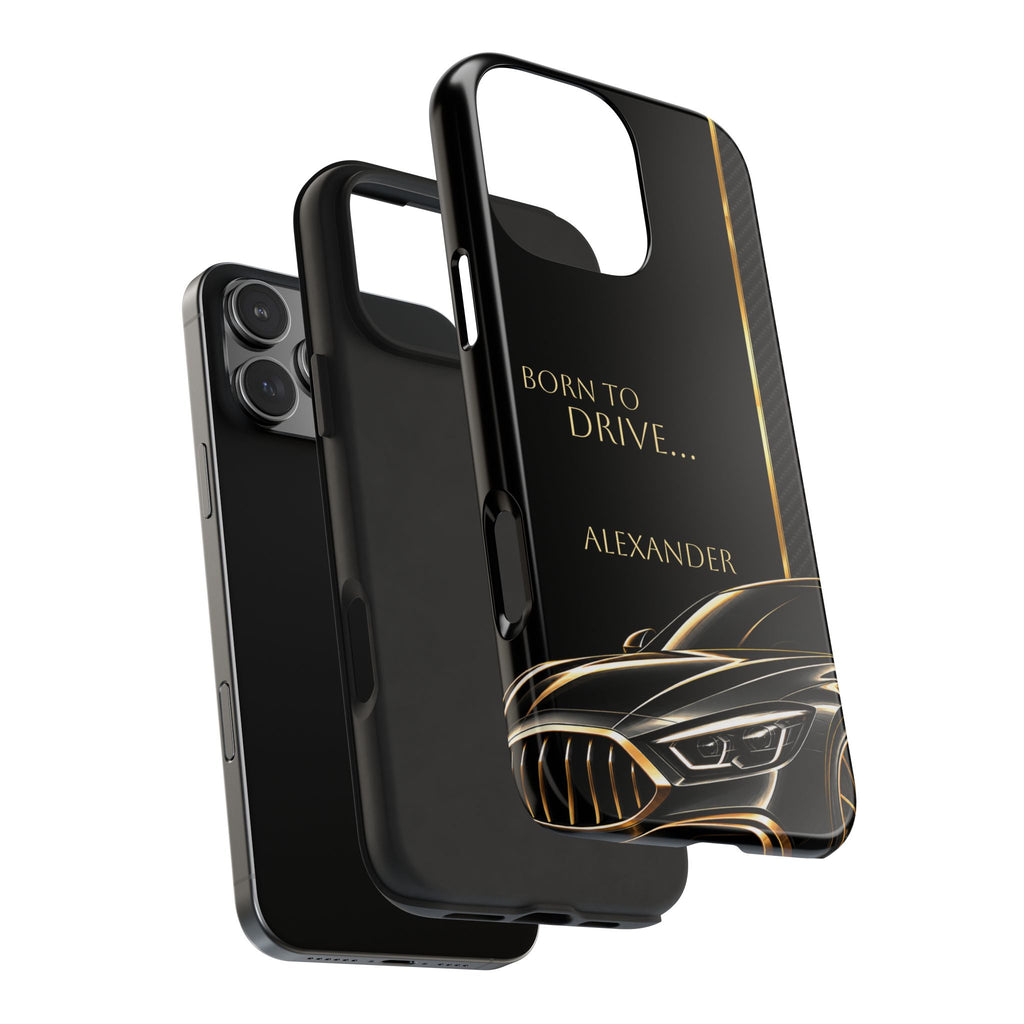 Born to Drive Personalized Tough Phone Case — Personalized Luxury Car Phone Case – Black & Gold Automotive Design