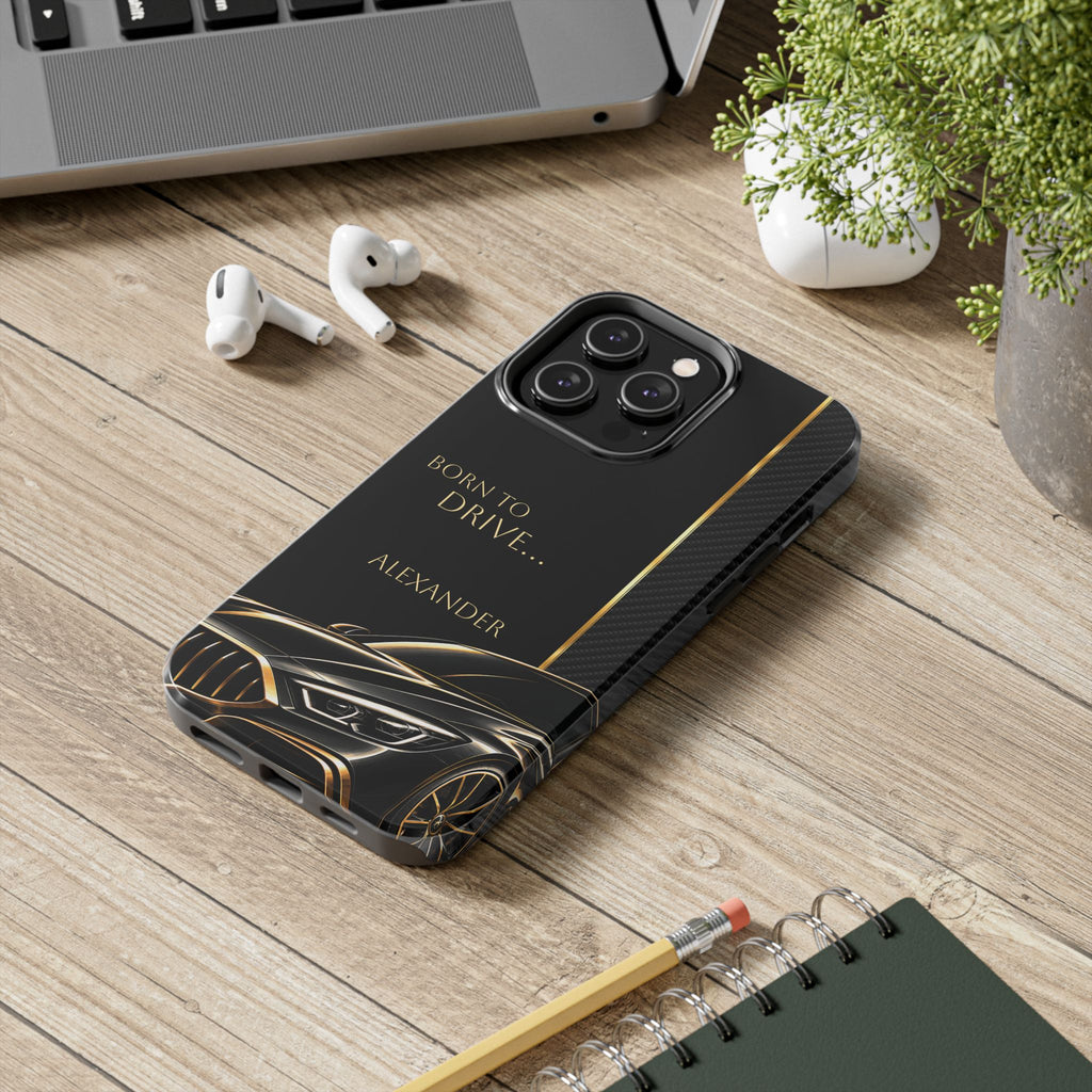 Born to Drive Personalized Tough Phone Case — Personalized Luxury Car Phone Case – Black & Gold Automotive Design