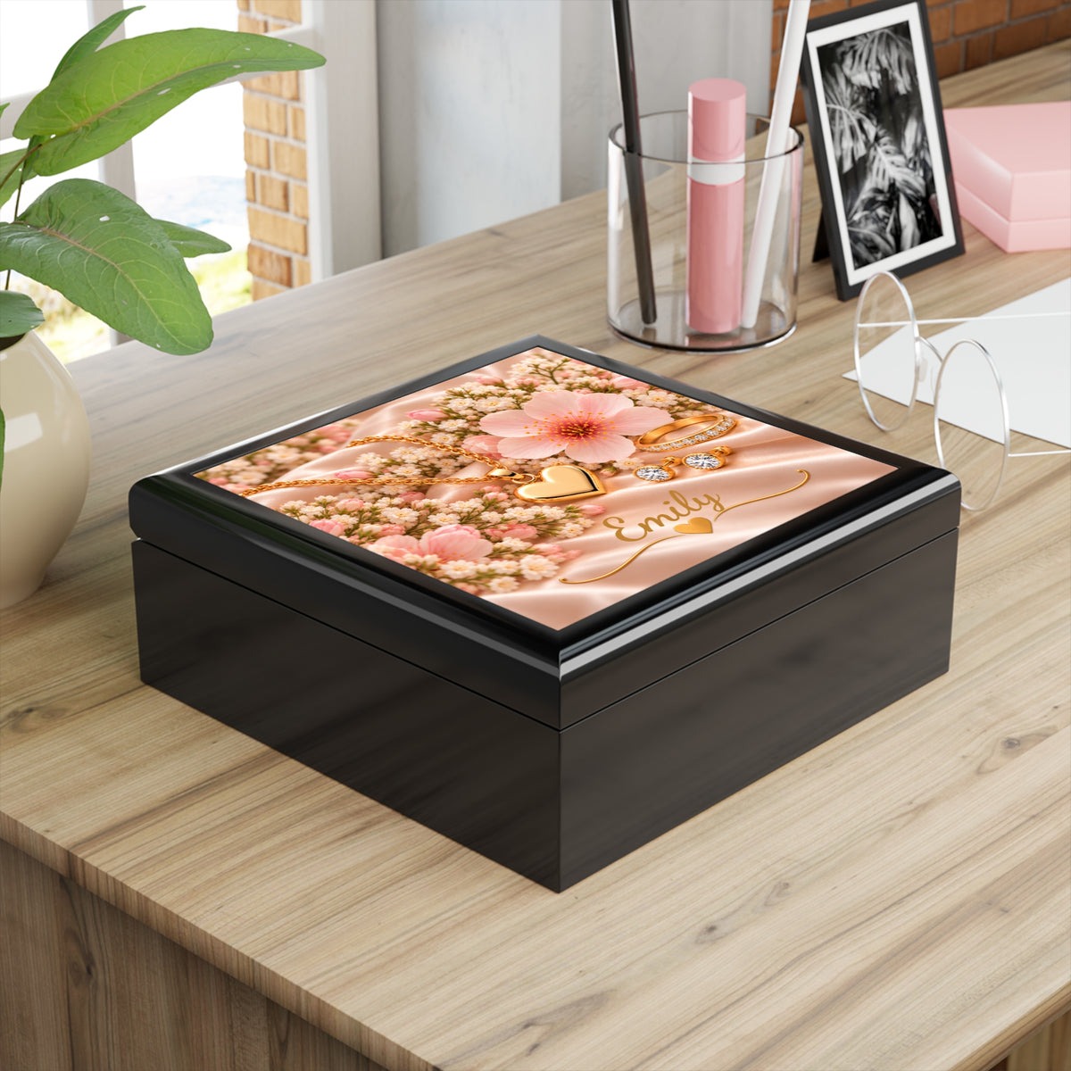 Personalized Wooden Jewelry Box with 6" Ceramic Tile | Custom Jewelry & Keepsake Gift Box