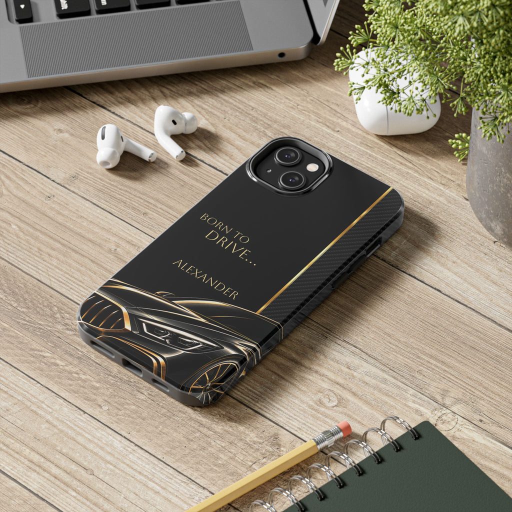 Born to Drive Personalized Tough Phone Case — Personalized Luxury Car Phone Case – Black & Gold Automotive Design