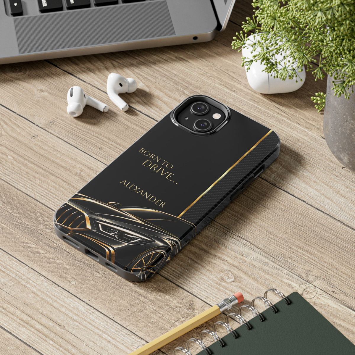 Born to Drive Personalized Tough Phone Case — Personalized Luxury Car Phone Case – Black & Gold Automotive Design
