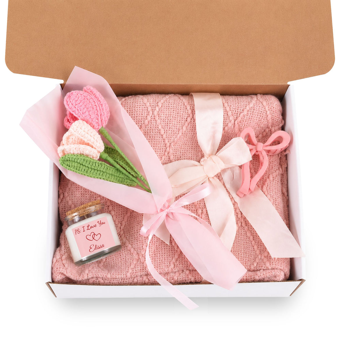 Personalized Romantic Gift Box for Her – Cozy Pink Gift Set with Blanket, Candle & Flowers