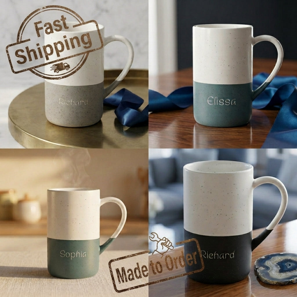 Speckled Ceramic Name Mug — 13oz Engraved Two-Tone Coffee Cup
