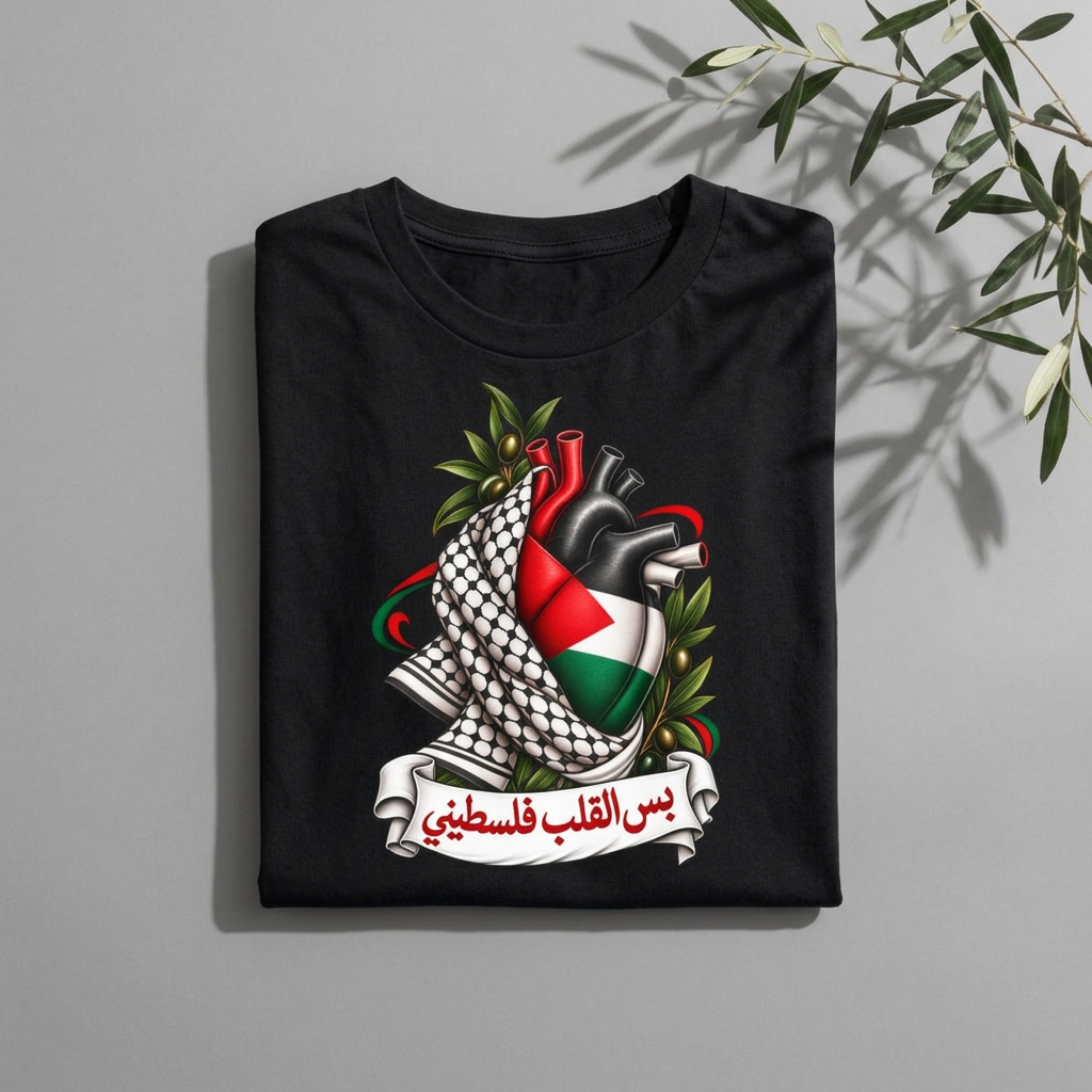 Heart & Kuffiyeh T-Shirt - Kufiya Emblem Tee (بس القلب فلسطيني)