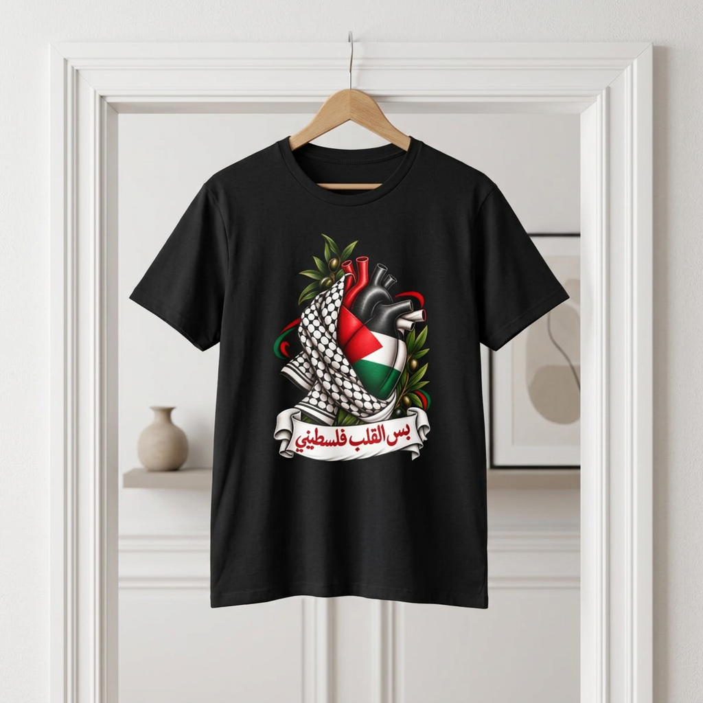 Heart & Kuffiyeh T-Shirt - Kufiya Emblem Tee (بس القلب فلسطيني)