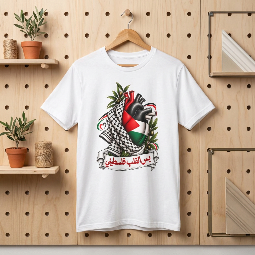 Heart & Kuffiyeh T-Shirt - Kufiya Emblem Tee (بس القلب فلسطيني)