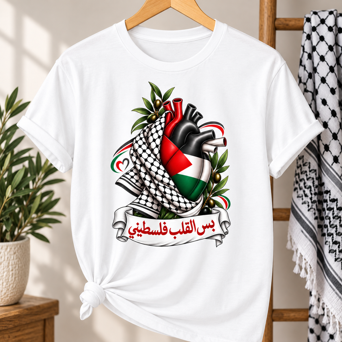 Heart & Kuffiyeh T-Shirt - Kufiya Emblem Tee (بس القلب فلسطيني)
