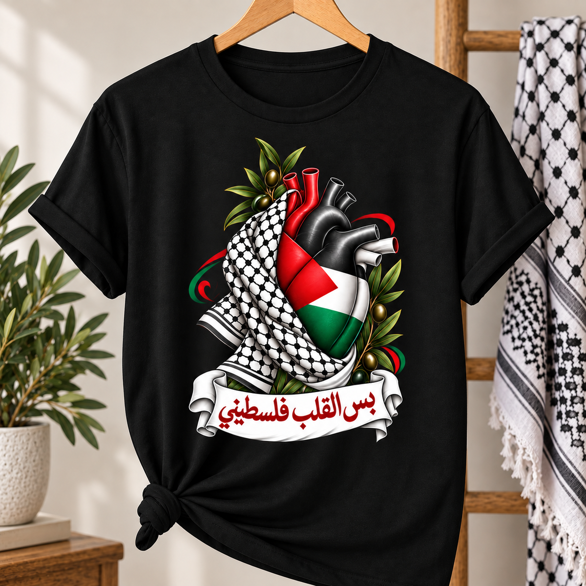Heart & Kuffiyeh T-Shirt - Kufiya Emblem Tee (بس القلب فلسطيني)