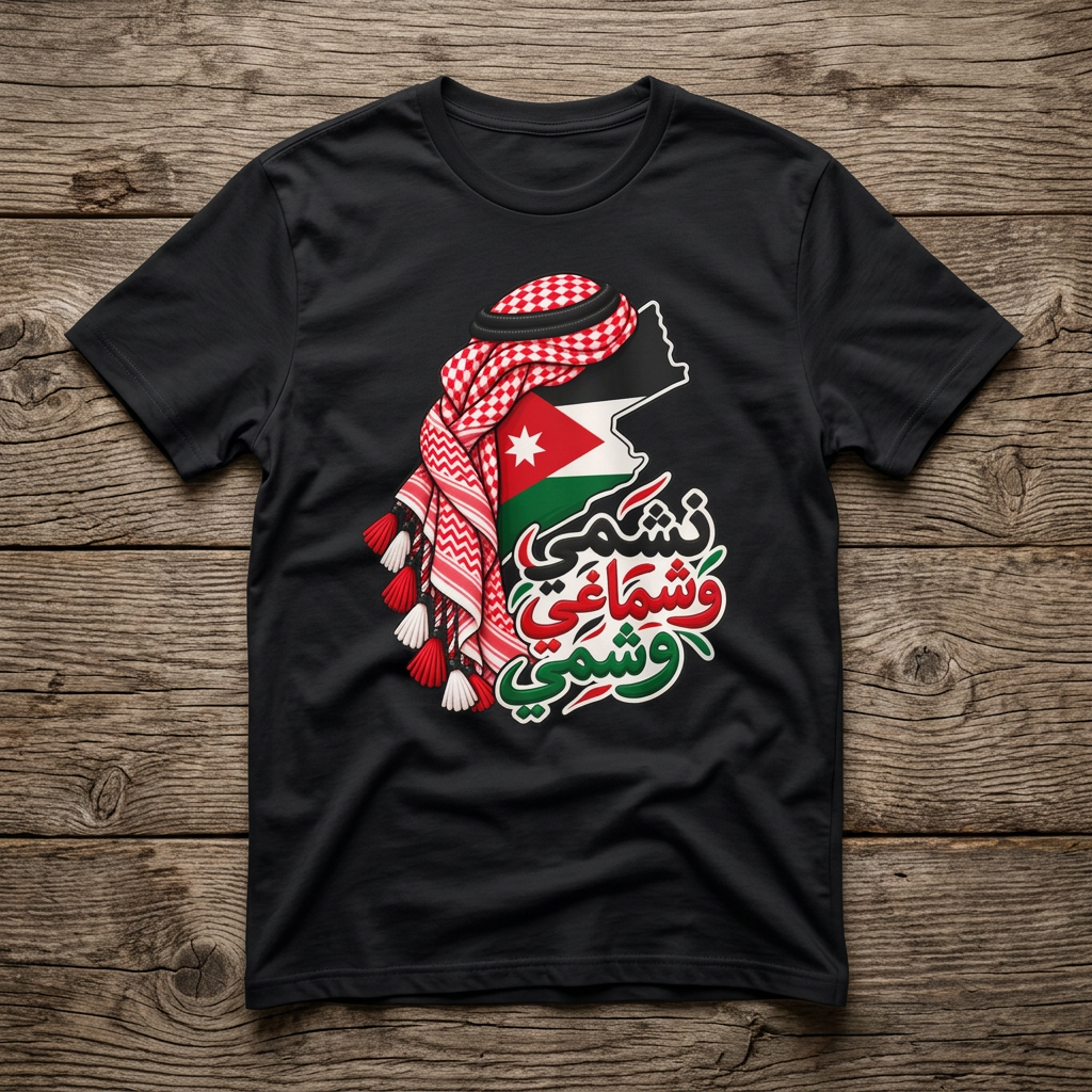 Jordan Flag T-Shirt with Kuffiyeh Silhouette & Arabic Script - Jordanian T-Shirt | Jordan Map & Kuffiyeh Arabic Graphic Tee