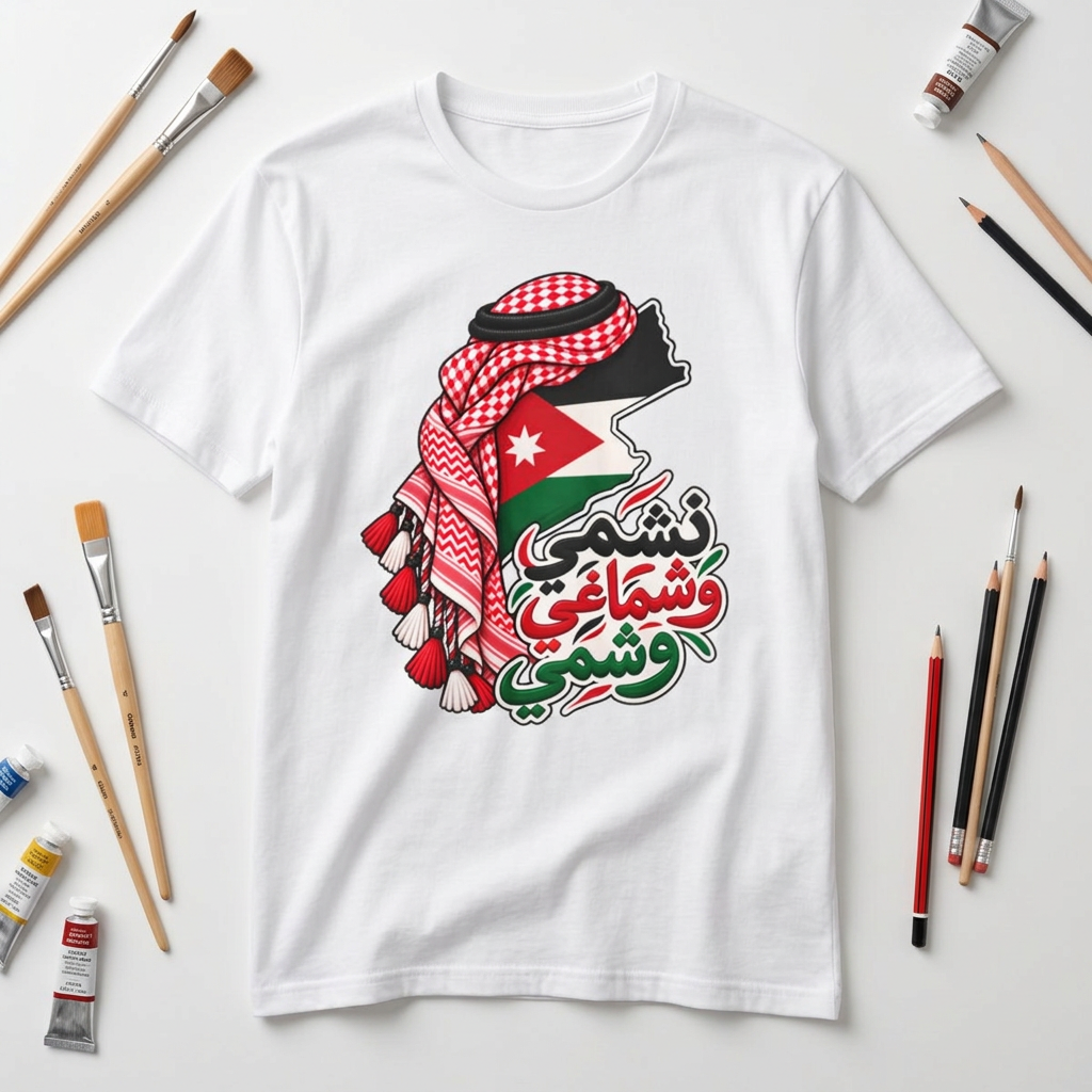 Jordan Flag T-Shirt with Kuffiyeh Silhouette & Arabic Script - Jordanian T-Shirt | Jordan Map & Kuffiyeh Arabic Graphic Tee