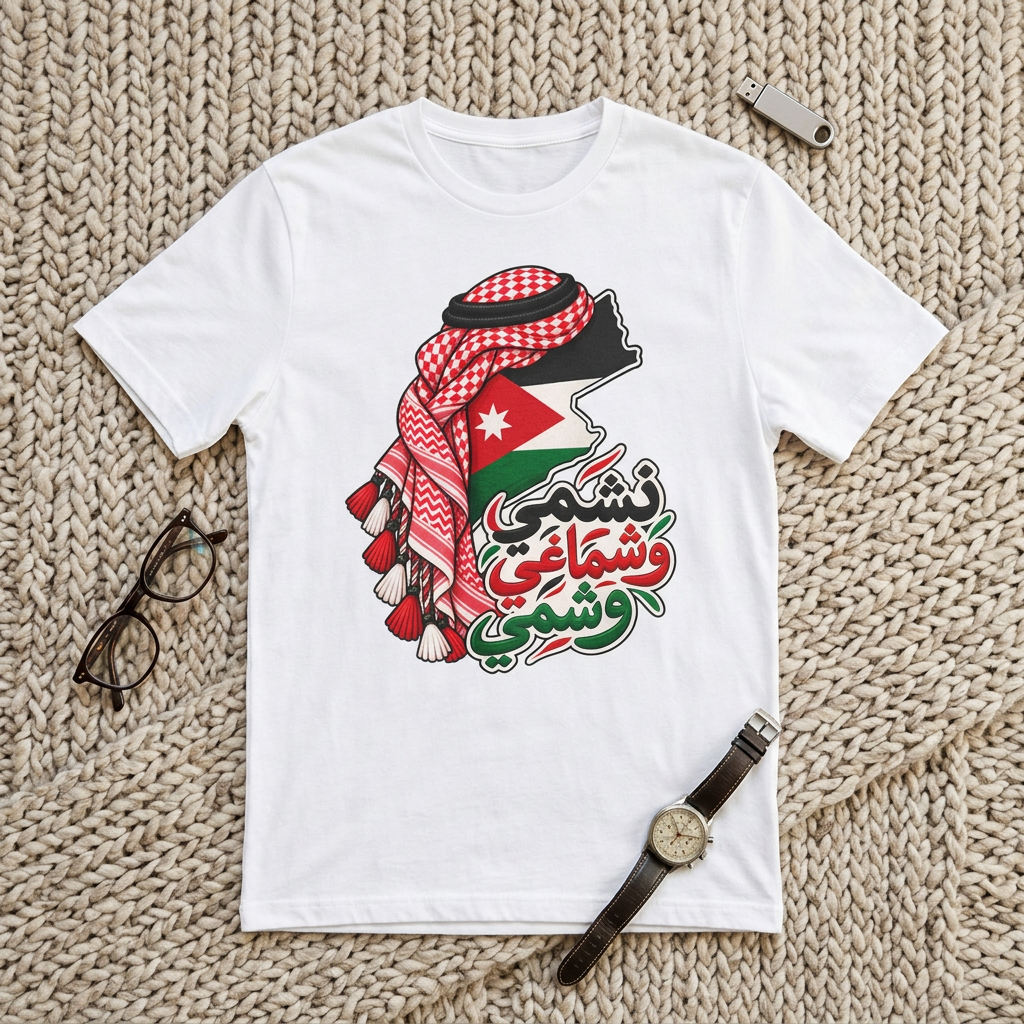 Jordan Flag T-Shirt with Kuffiyeh Silhouette & Arabic Script - Jordanian T-Shirt | Jordan Map & Kuffiyeh Arabic Graphic Tee