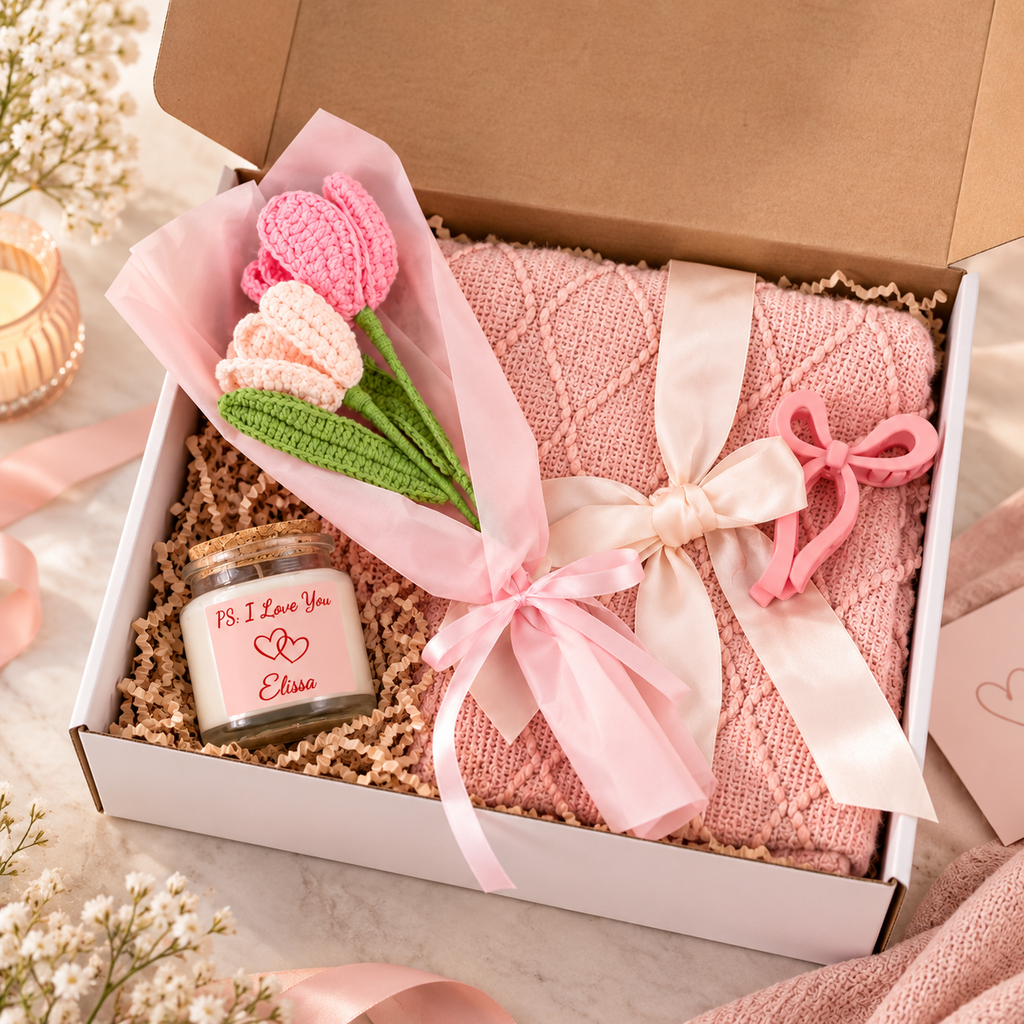 Personalized Romantic Gift Box for Her – Cozy Pink Gift Set with Blanket, Candle & Flowers