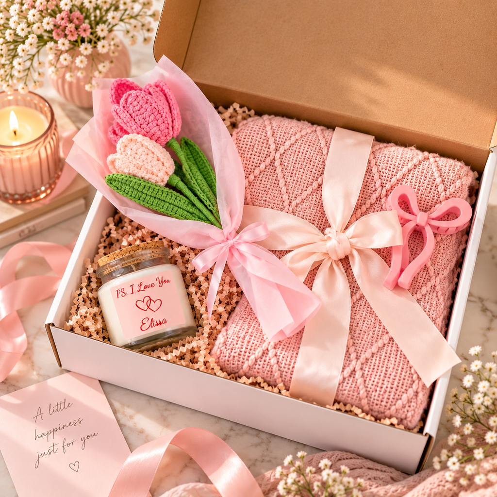 Personalized Romantic Gift Box for Her – Cozy Pink Gift Set with Blanket, Candle & Flowers