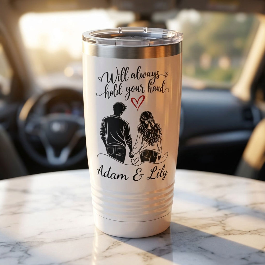 Personalized Couple Tumbler – “Will Always Hold Your Hand” Travel Coffee Cup with Custom Names, Romantic Gift for Couples