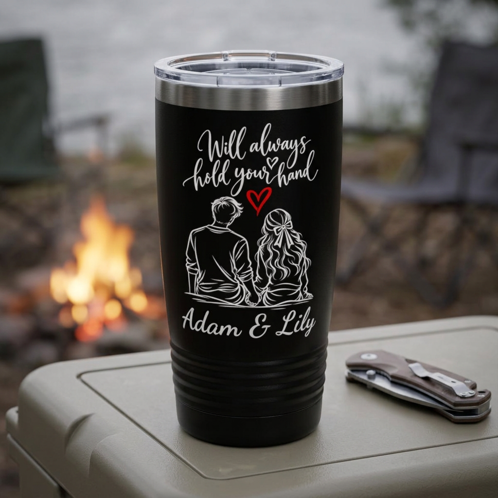 Personalized Couple Tumbler – “Will Always Hold Your Hand” Travel Coffee Cup with Custom Names, Romantic Gift for Couples