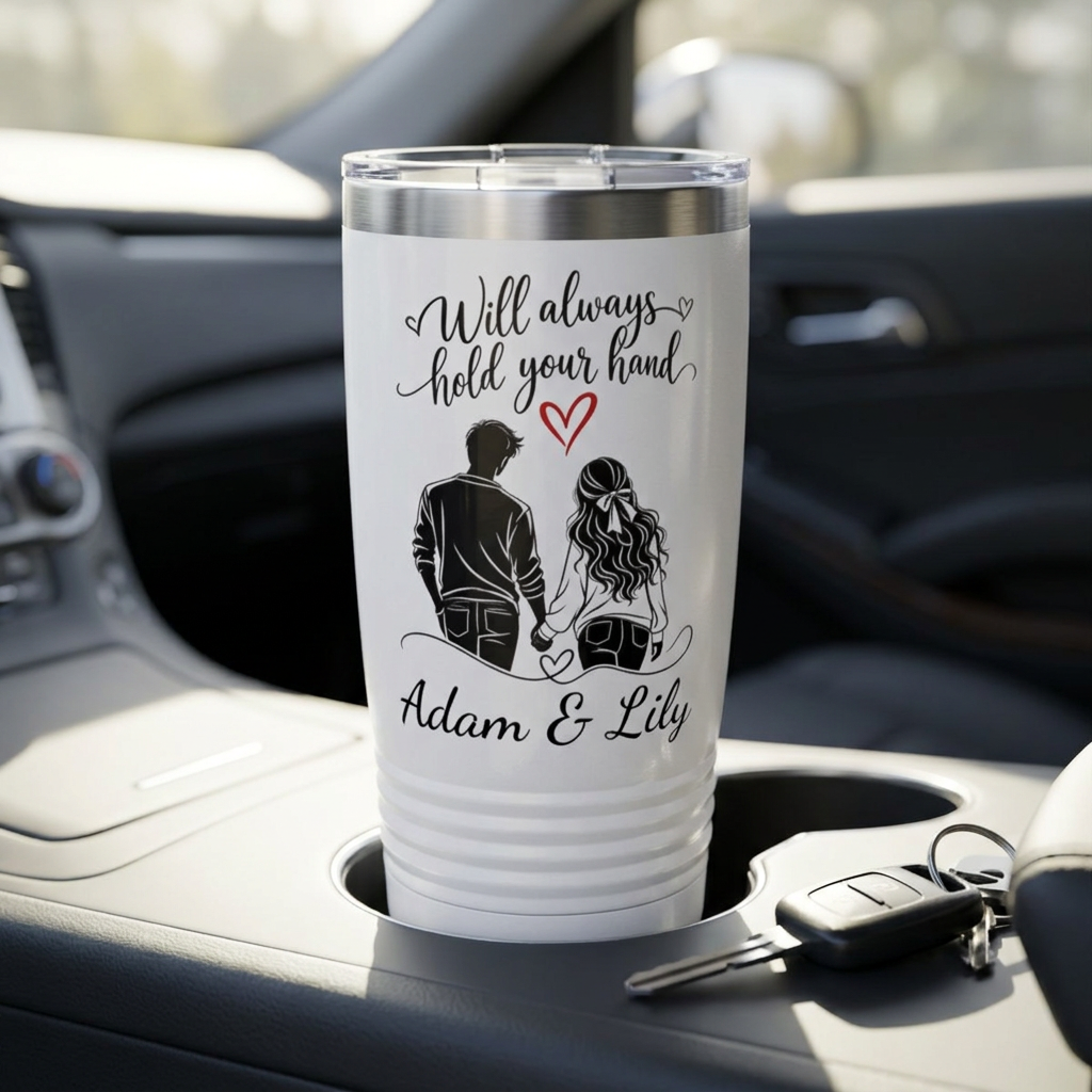 Personalized Couple Tumbler – “Will Always Hold Your Hand” Travel Coffee Cup with Custom Names, Romantic Gift for Couples
