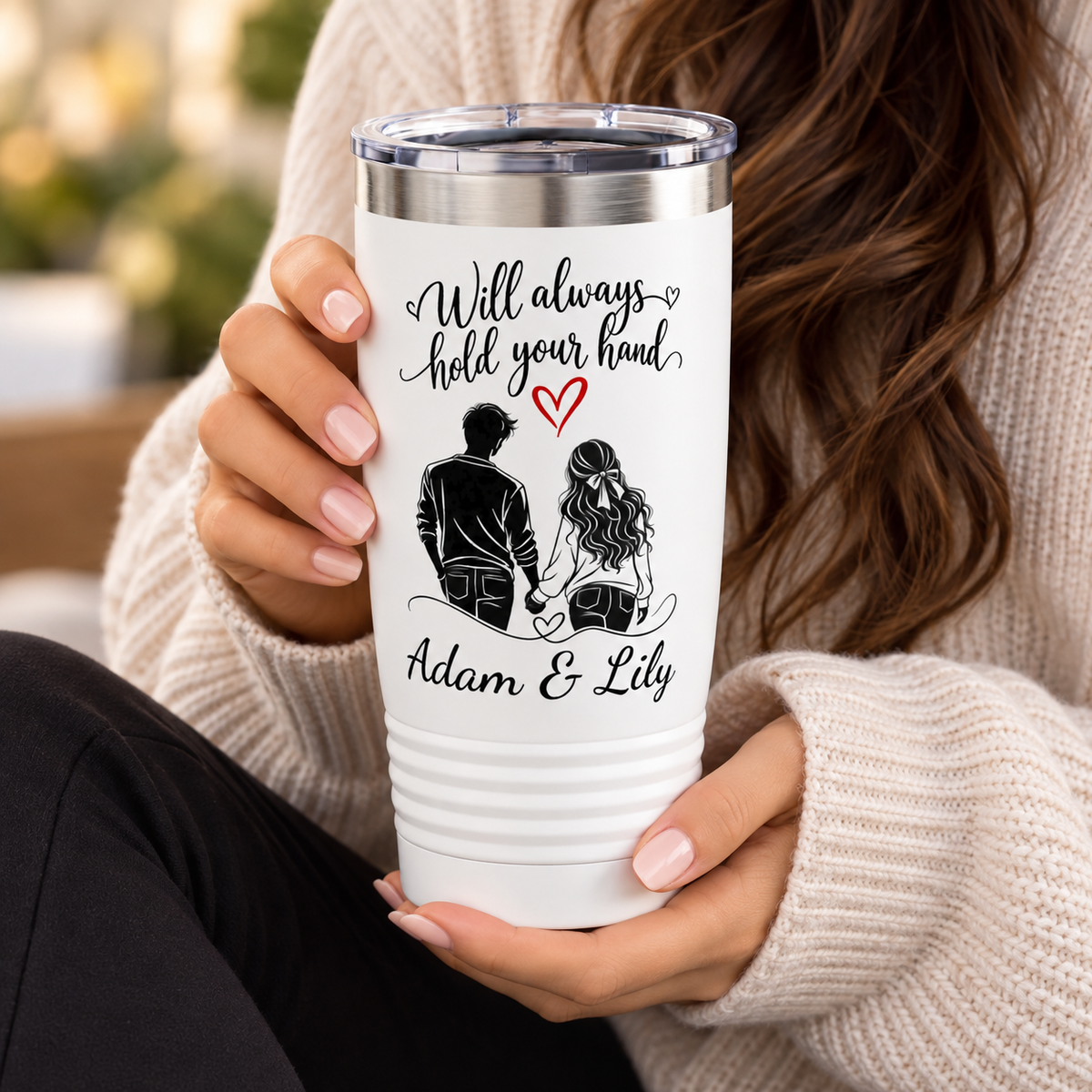 Personalized Couple Tumbler – “Will Always Hold Your Hand” Travel Coffee Cup with Custom Names, Romantic Gift for Couples