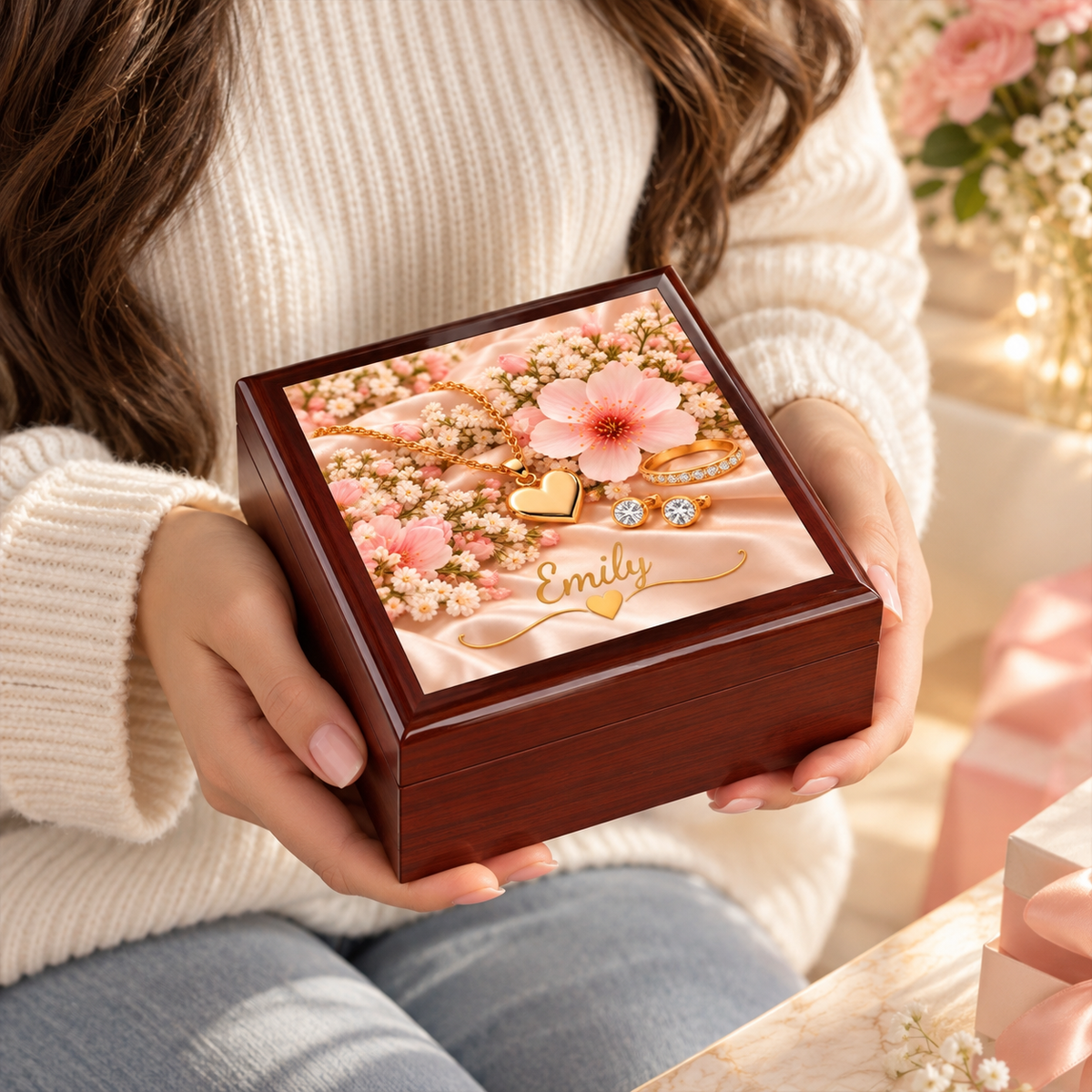 Personalized Wooden Jewelry Box with 6" Ceramic Tile | Custom Jewelry & Keepsake Gift Box