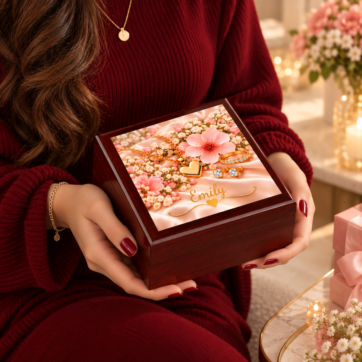 Personalized Wooden Jewelry Box with 6" Ceramic Tile | Custom Jewelry & Keepsake Gift Box