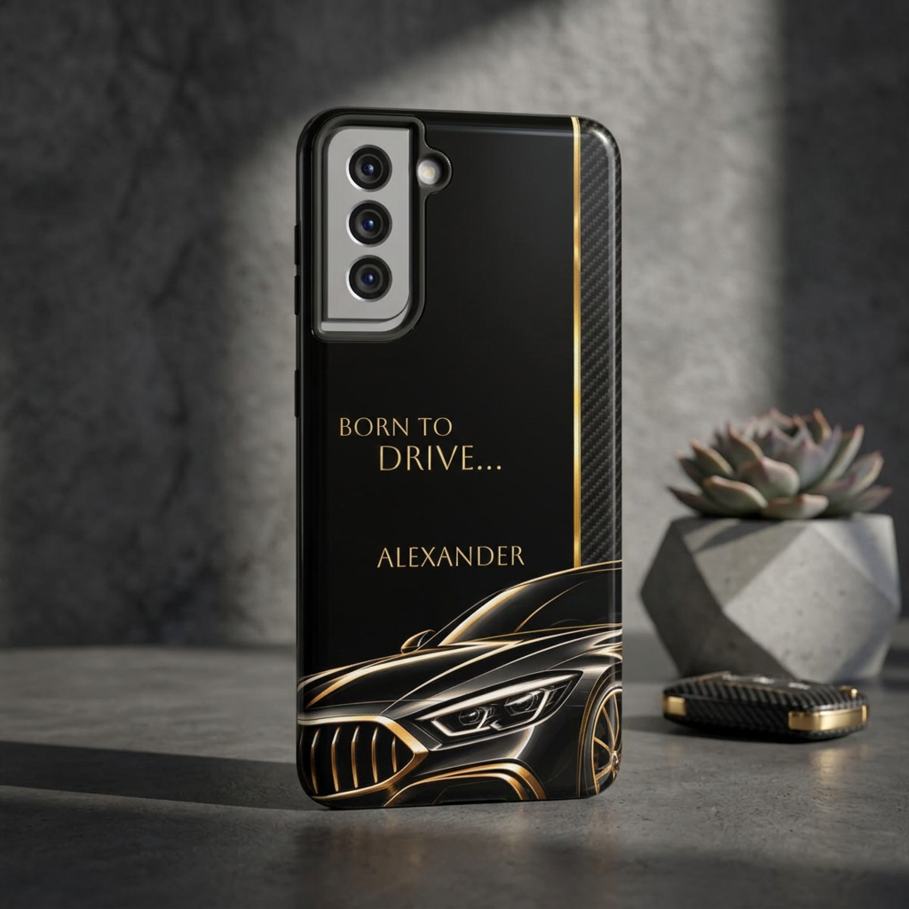 Born to Drive Personalized Tough Phone Case — Personalized Luxury Car Phone Case – Black & Gold Automotive Design