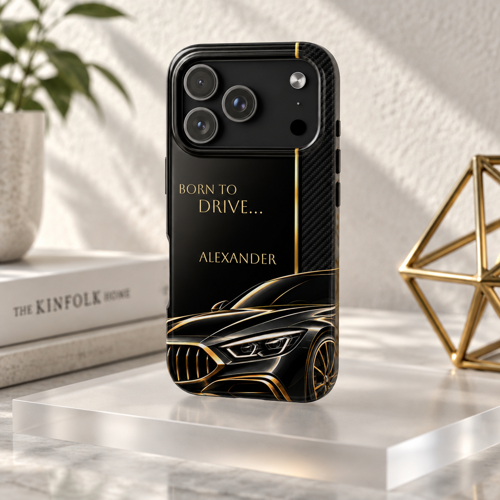 Born to Drive Personalized Tough Phone Case — Personalized Luxury Car Phone Case – Black & Gold Automotive Design