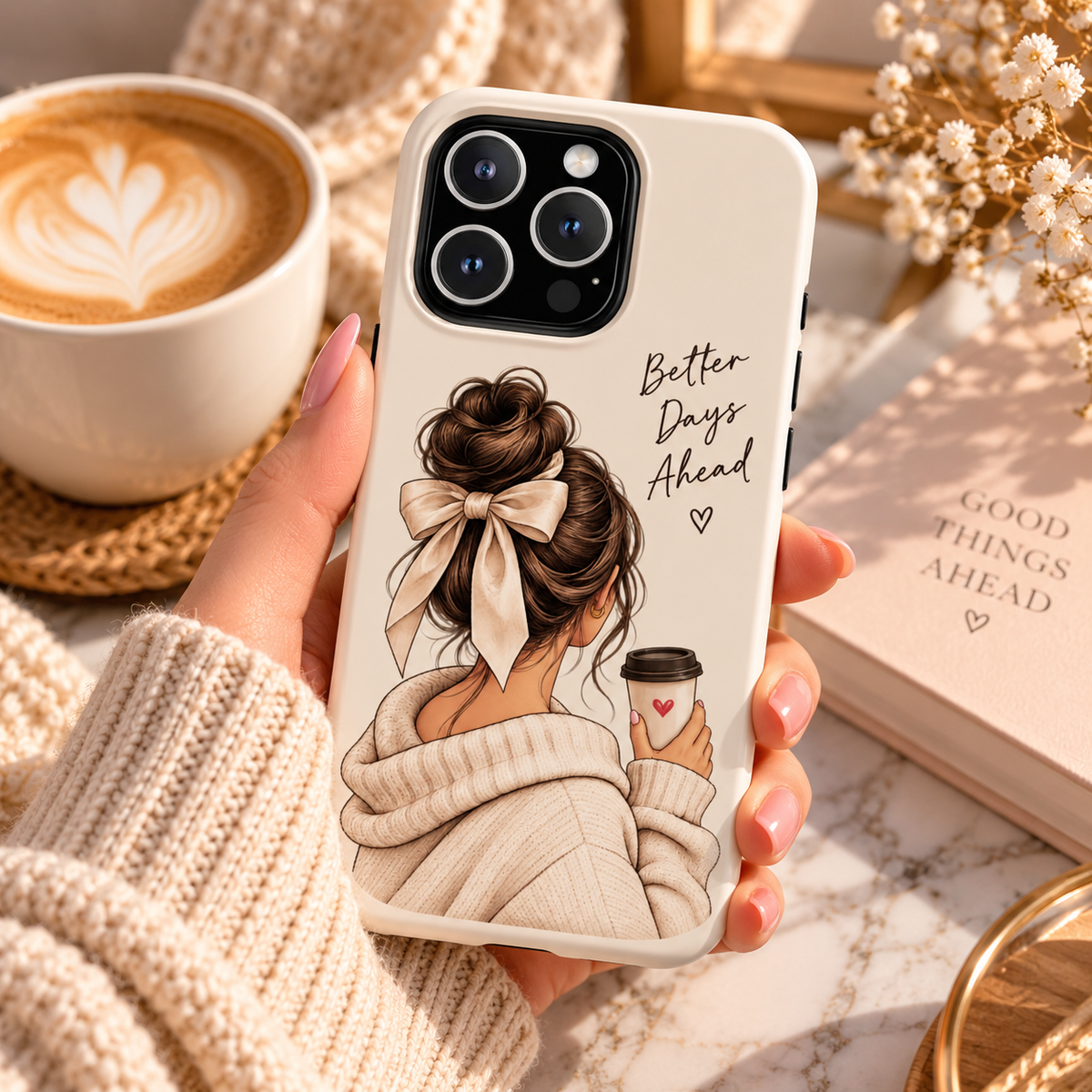 Better Days Ahead Personalized Phone Case – Cozy Feminine Coffee & Bow Design