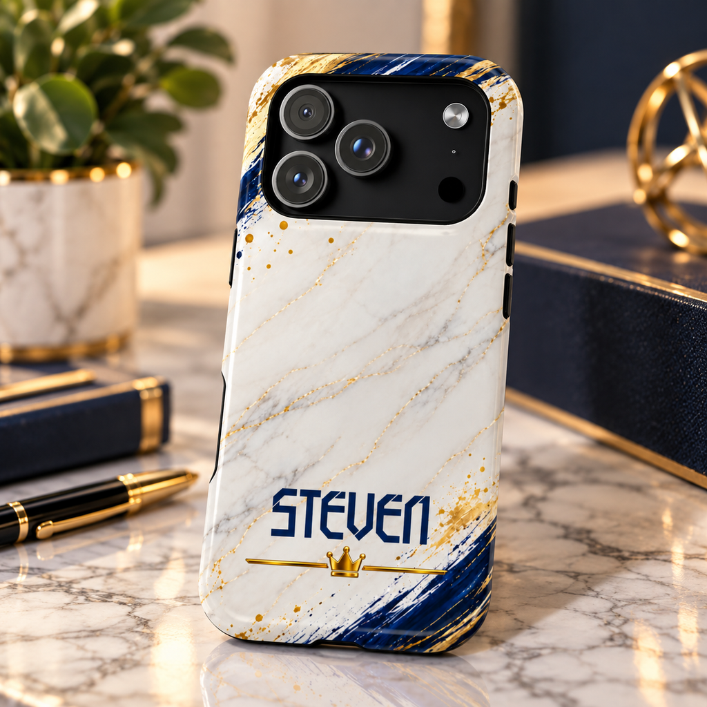 Personalized White Marble & Navy Gold MagSafe Phone Case – Custom Name — Personalized Marble Phone Case