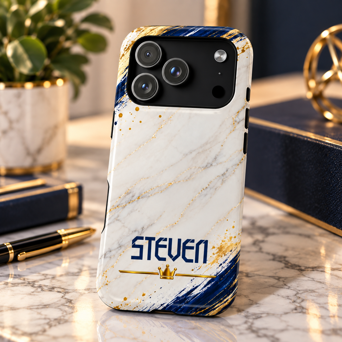 Personalized White Marble & Navy Gold MagSafe Phone Case – Custom Name — Personalized Marble Phone Case