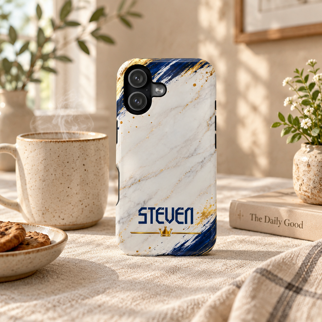 Personalized White Marble & Navy Gold MagSafe Phone Case – Custom Name — Personalized Marble Phone Case