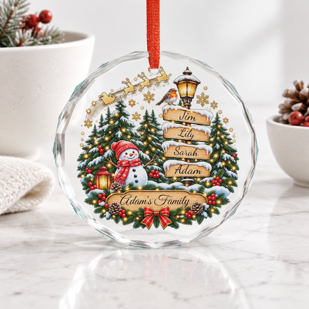Personalized Family Christmas Ornament – Custom Names & Family Name, Snowy Winter Wonderland Tree Decoration