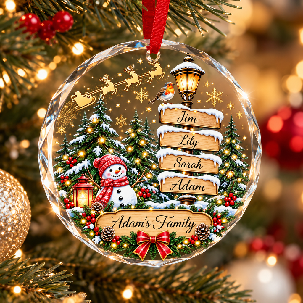 Personalized Family Christmas Ornament – Custom Names & Family Name, Snowy Winter Wonderland Tree Decoration