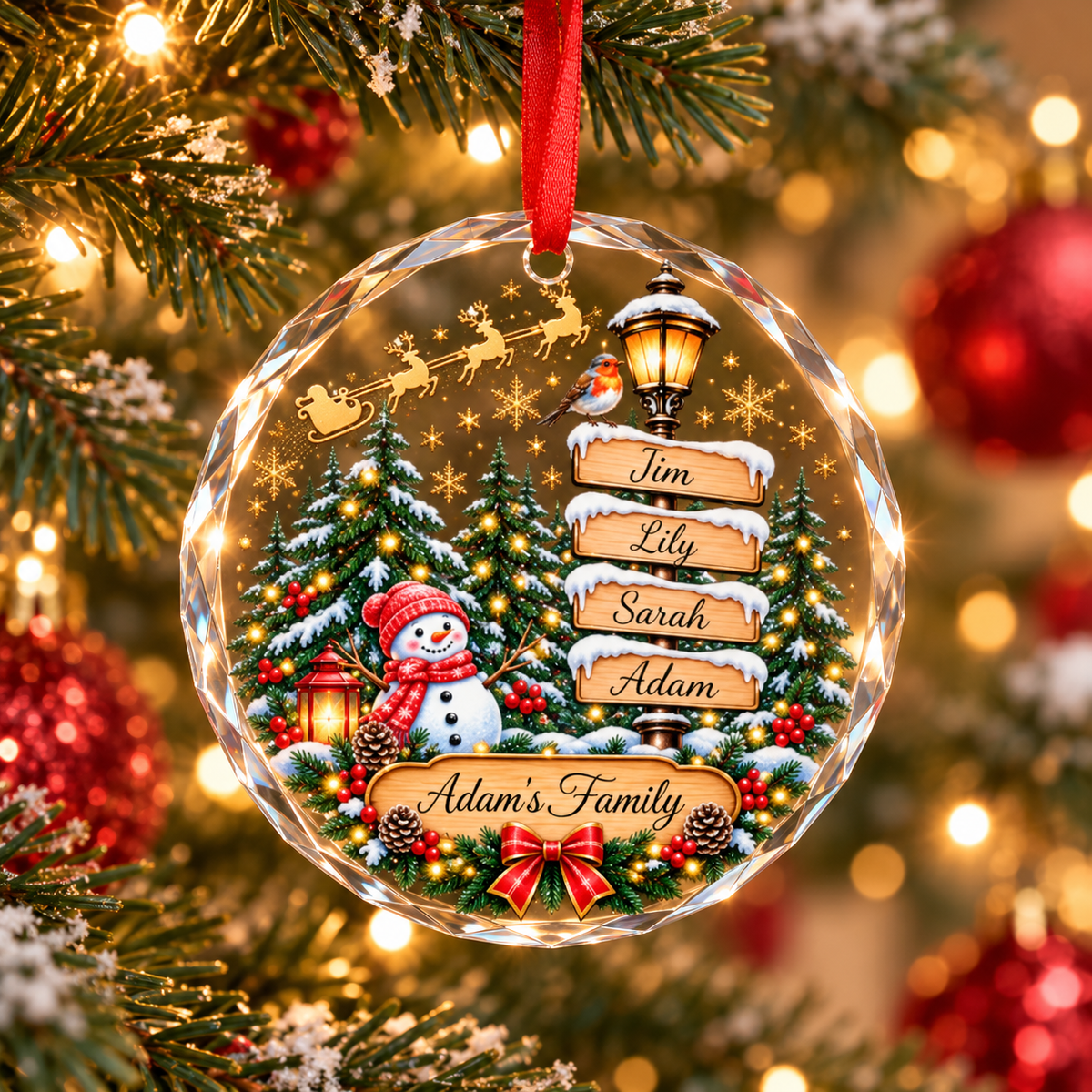 Personalized Family Christmas Ornament – Custom Names & Family Name, Snowy Winter Wonderland Tree Decoration