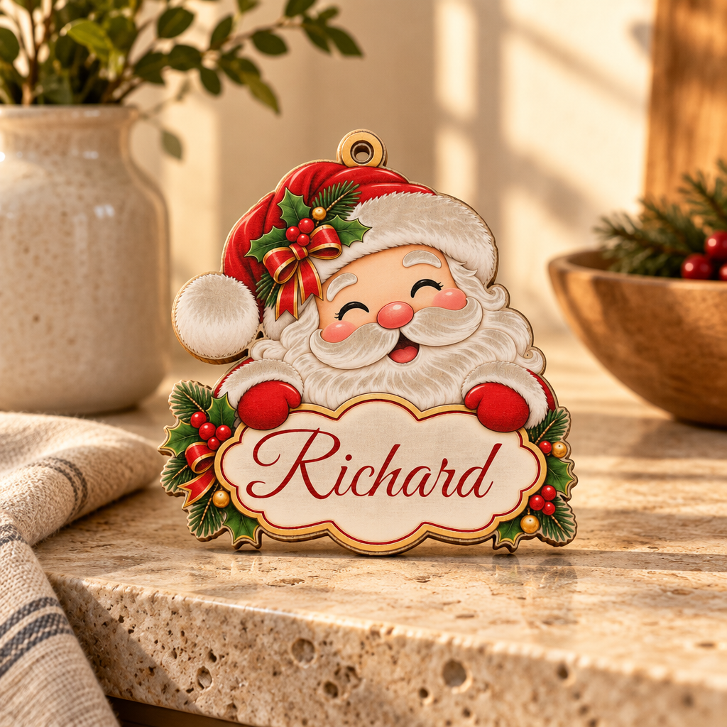 Personalized Santa Christmas Ornament with Custom Name – Custom Shape Wooden Holiday Decoration