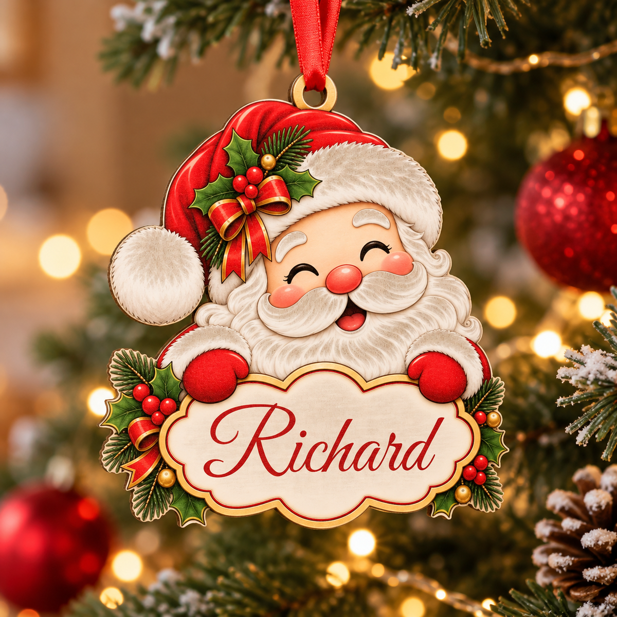 Personalized Santa Christmas Ornament with Custom Name – Custom Shape Wooden Holiday Decoration