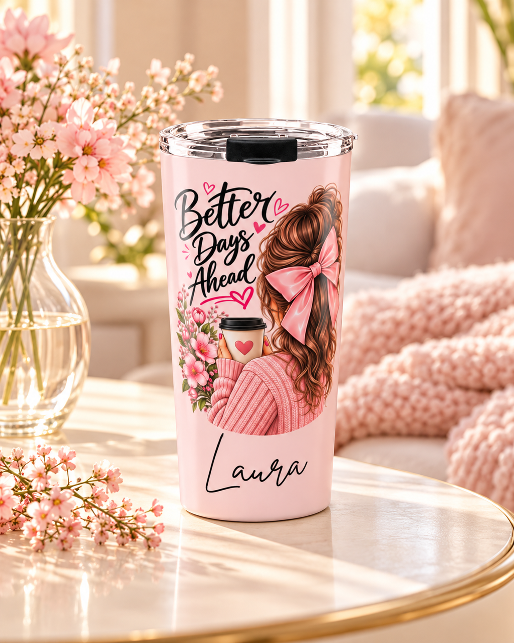 Personalized Pink Tumbler with Name – Better Days Ahead Inspirational Gift