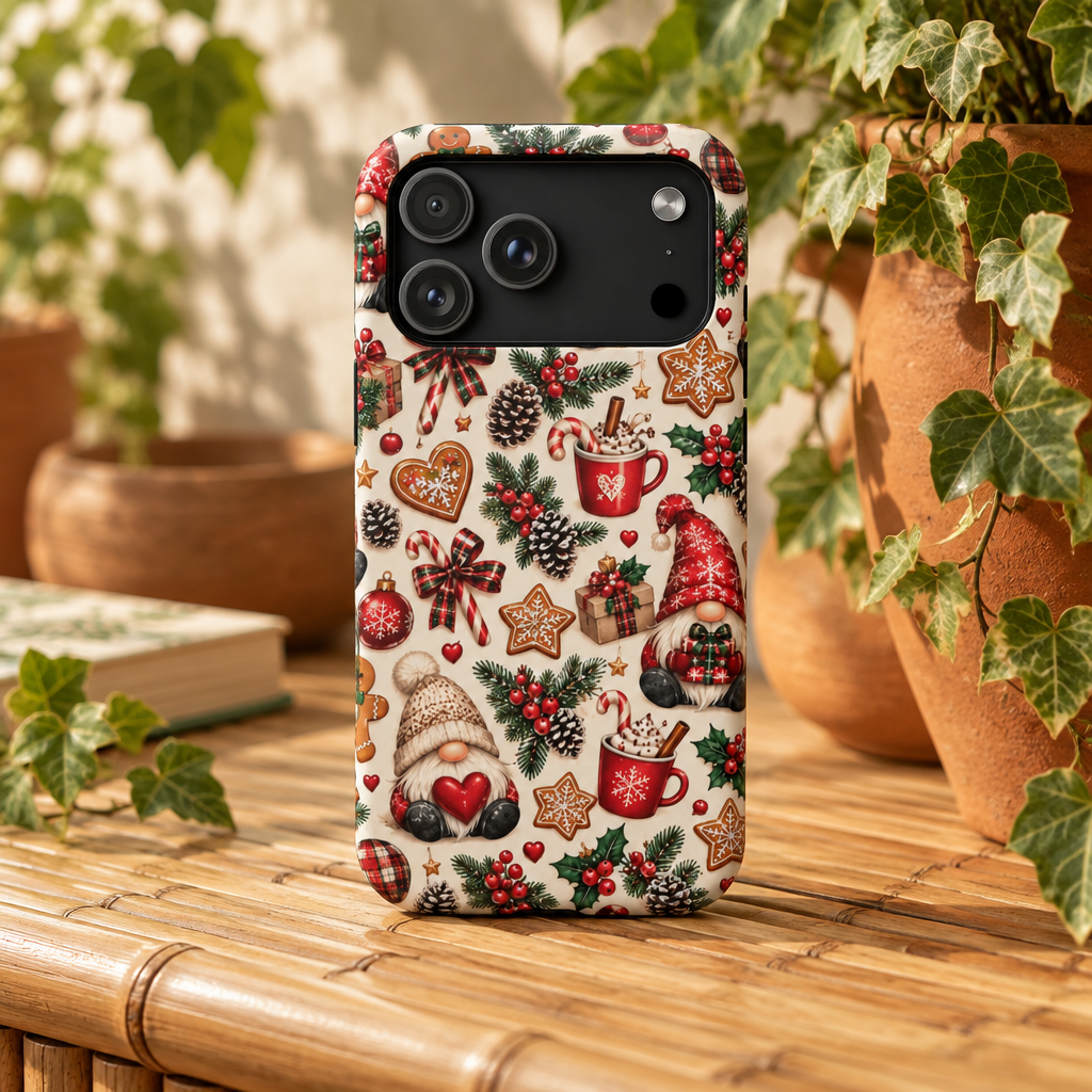 Christmas Gnome Phone Case – Cute Holiday Pattern with Gingerbread, Candy Canes & Hot Cocoa