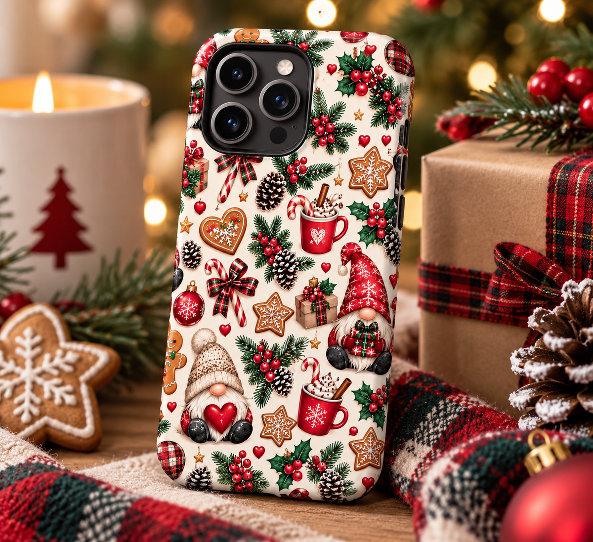 Christmas Gnome Phone Case – Cute Holiday Pattern with Gingerbread, Candy Canes & Hot Cocoa
