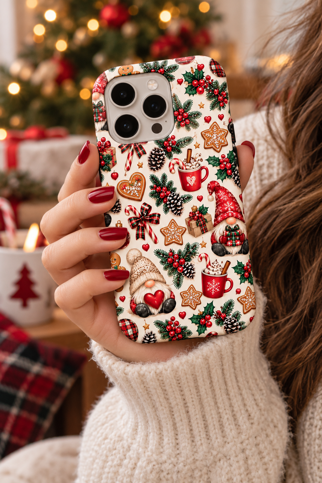 Christmas Gnome Phone Case – Cute Holiday Pattern with Gingerbread, Candy Canes & Hot Cocoa