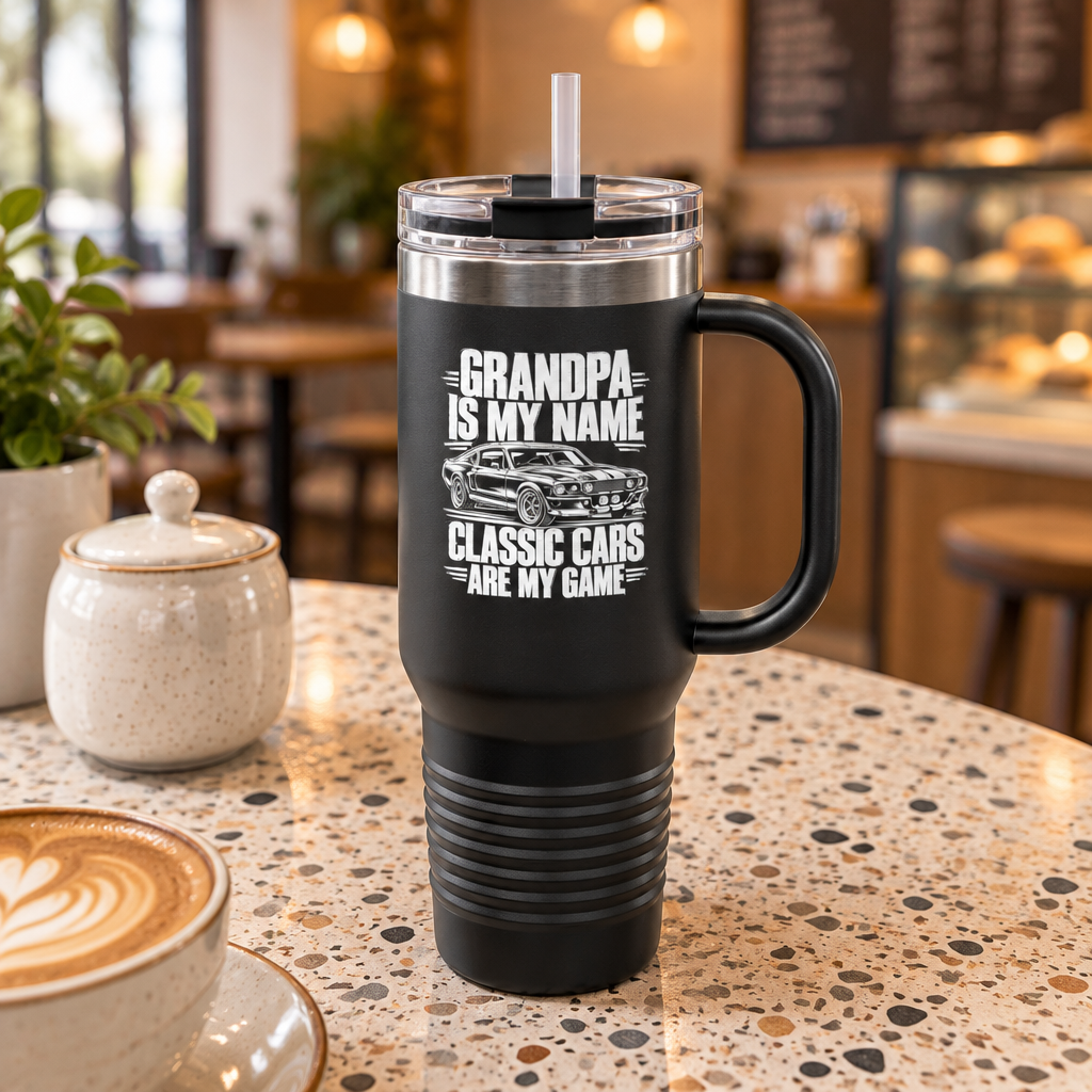 Grandpa Classic Cars Tumbler – Insulated Travel Mug with Handle