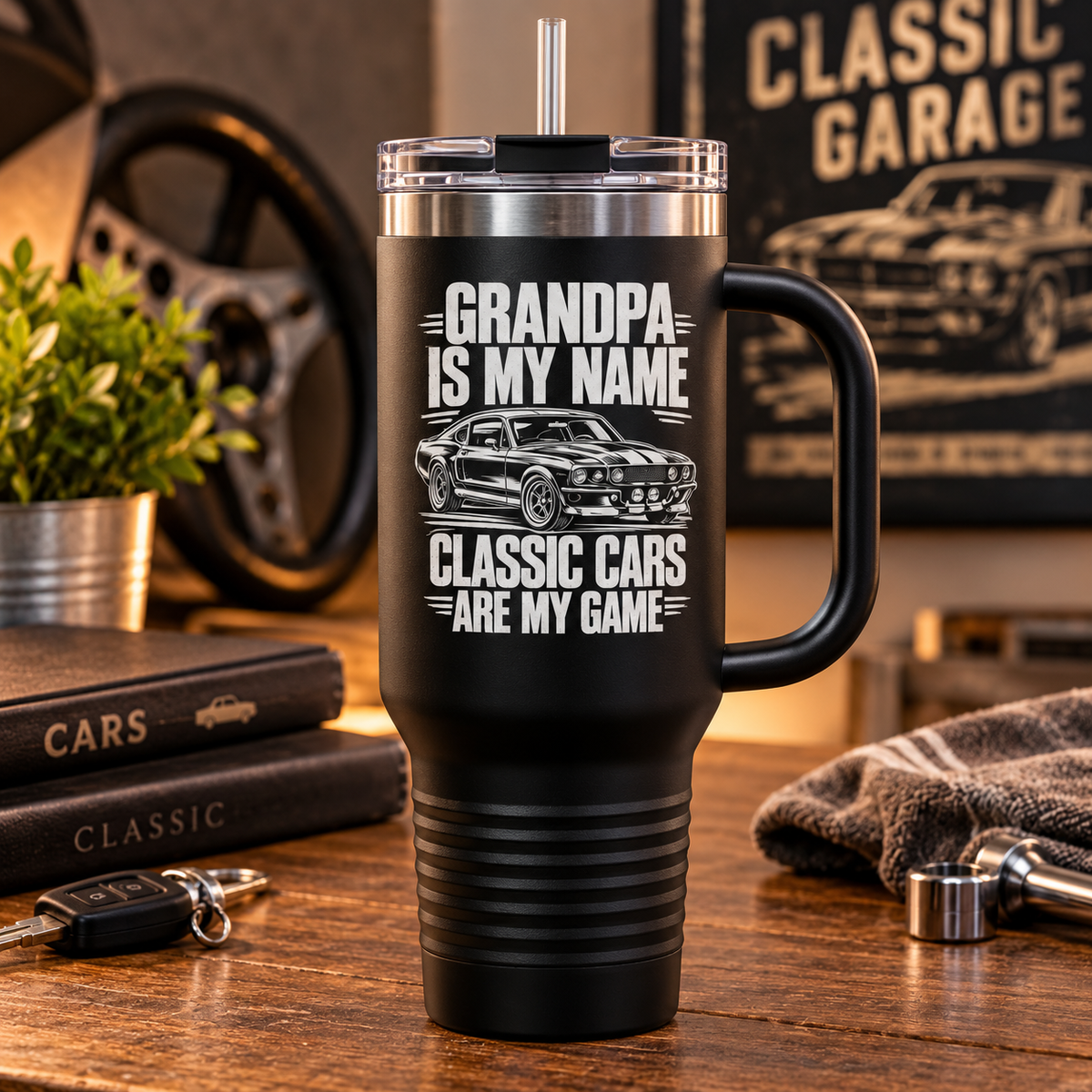 Grandpa Classic Cars Tumbler – Insulated Travel Mug with Handle