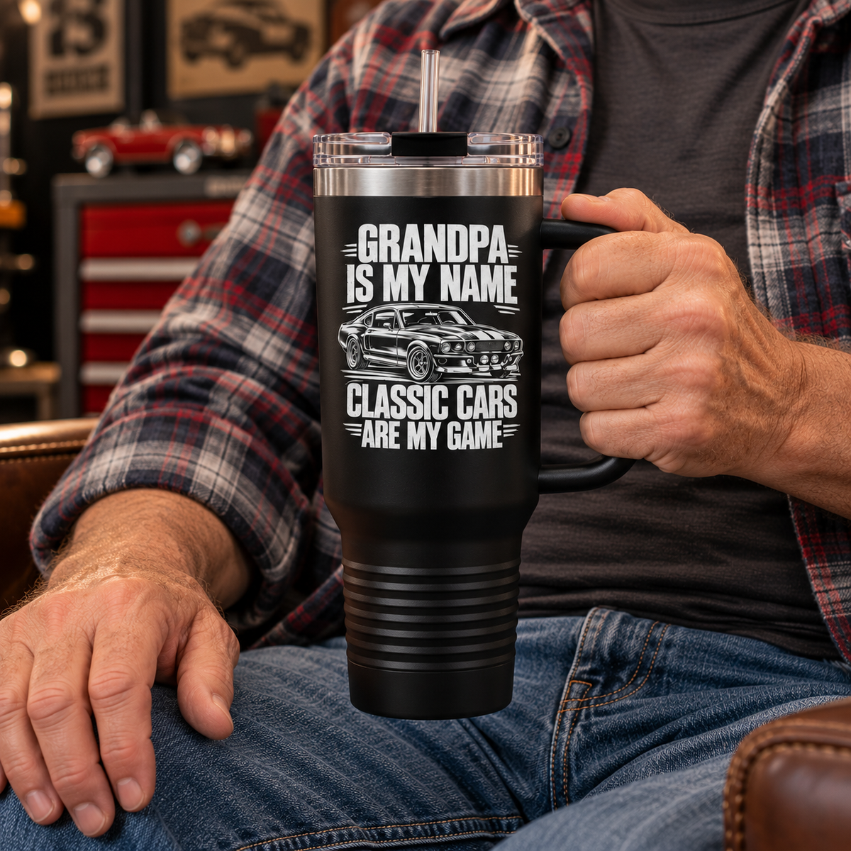 Grandpa Classic Cars Tumbler – Insulated Travel Mug with Handle