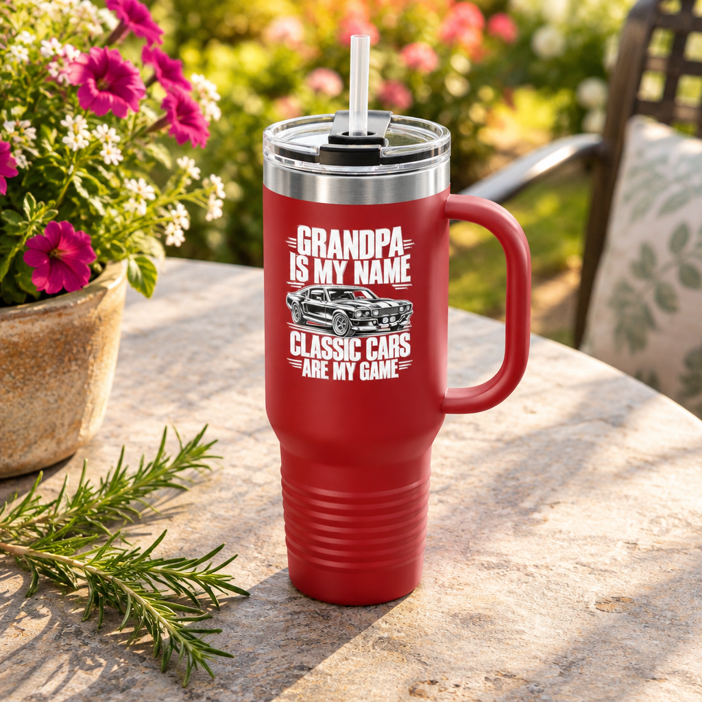 Grandpa Classic Cars Tumbler – Insulated Travel Mug with Handle