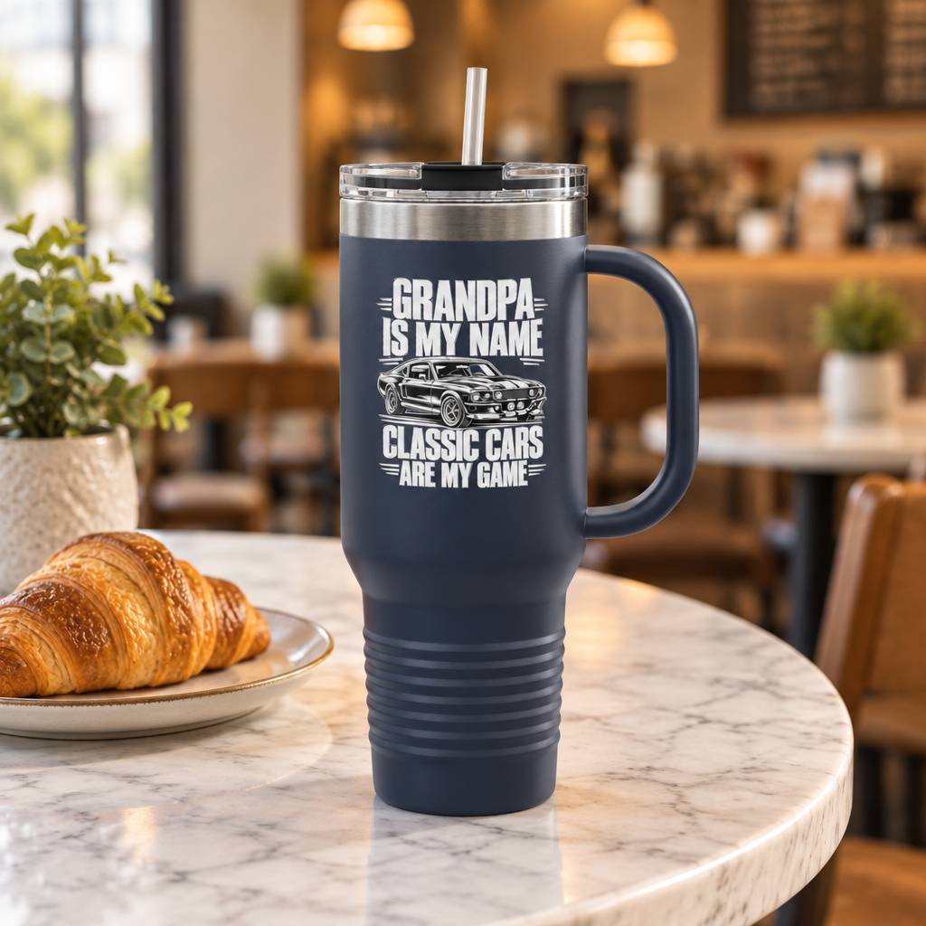 Grandpa Classic Cars Tumbler – Insulated Travel Mug with Handle