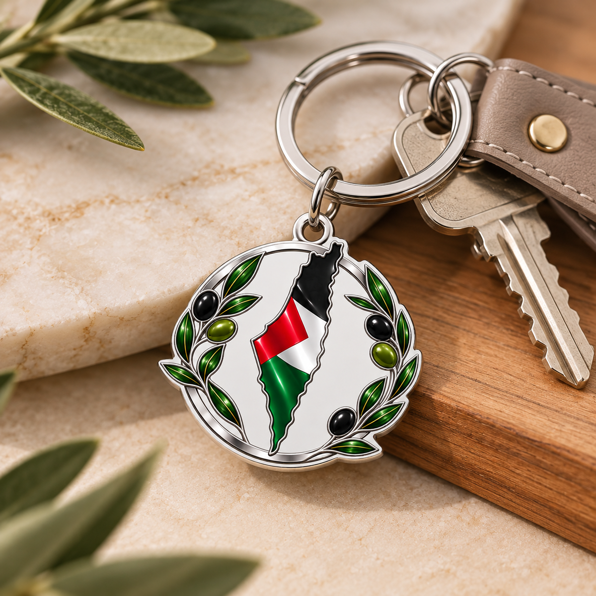 Palestinian Flag Keychain – Palestine Map & Olive Branch Pendant