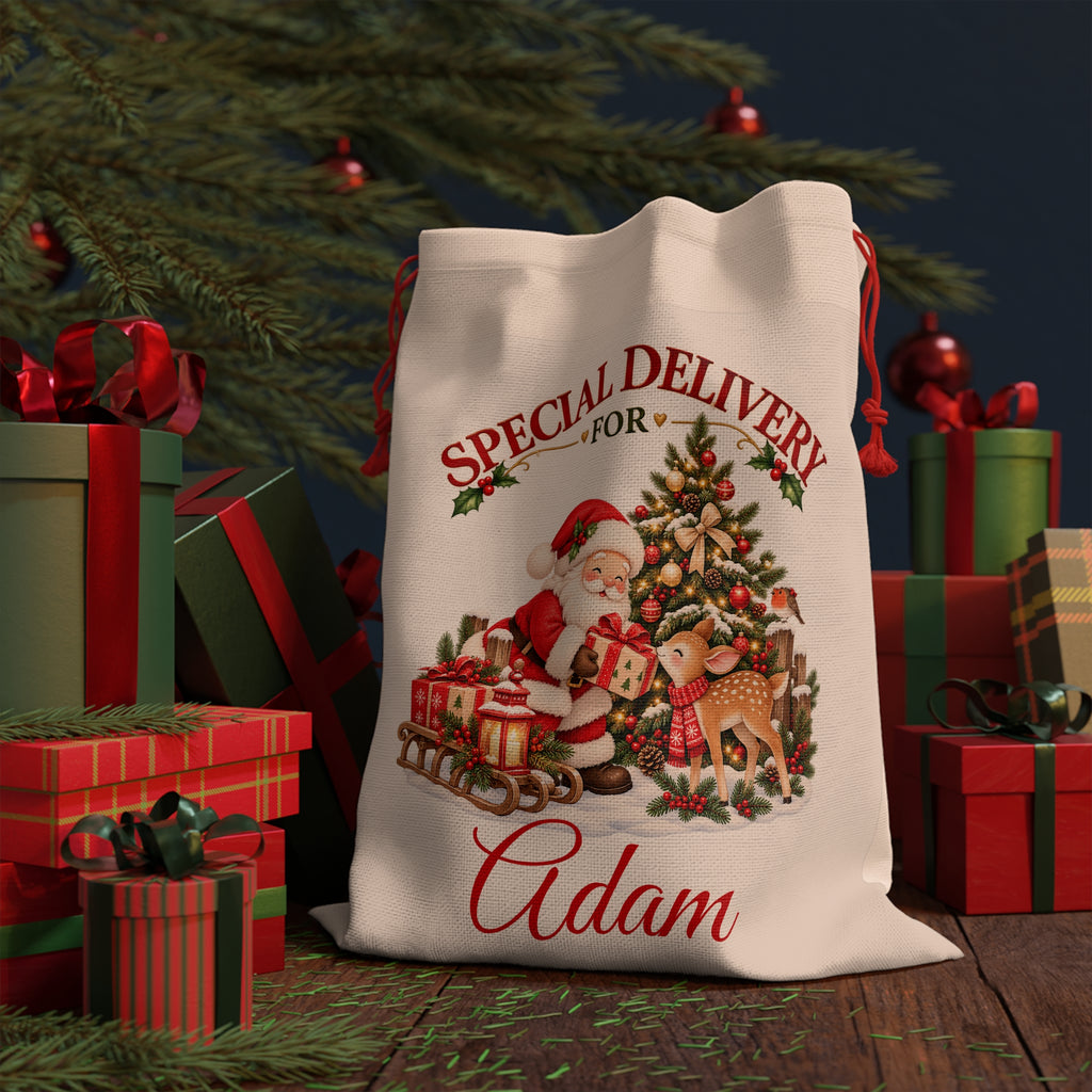 Personalized Christmas Sack with Name, Santa Gift Bag, Special Delivery for Kids, Custom Christmas Eve Gift Sack