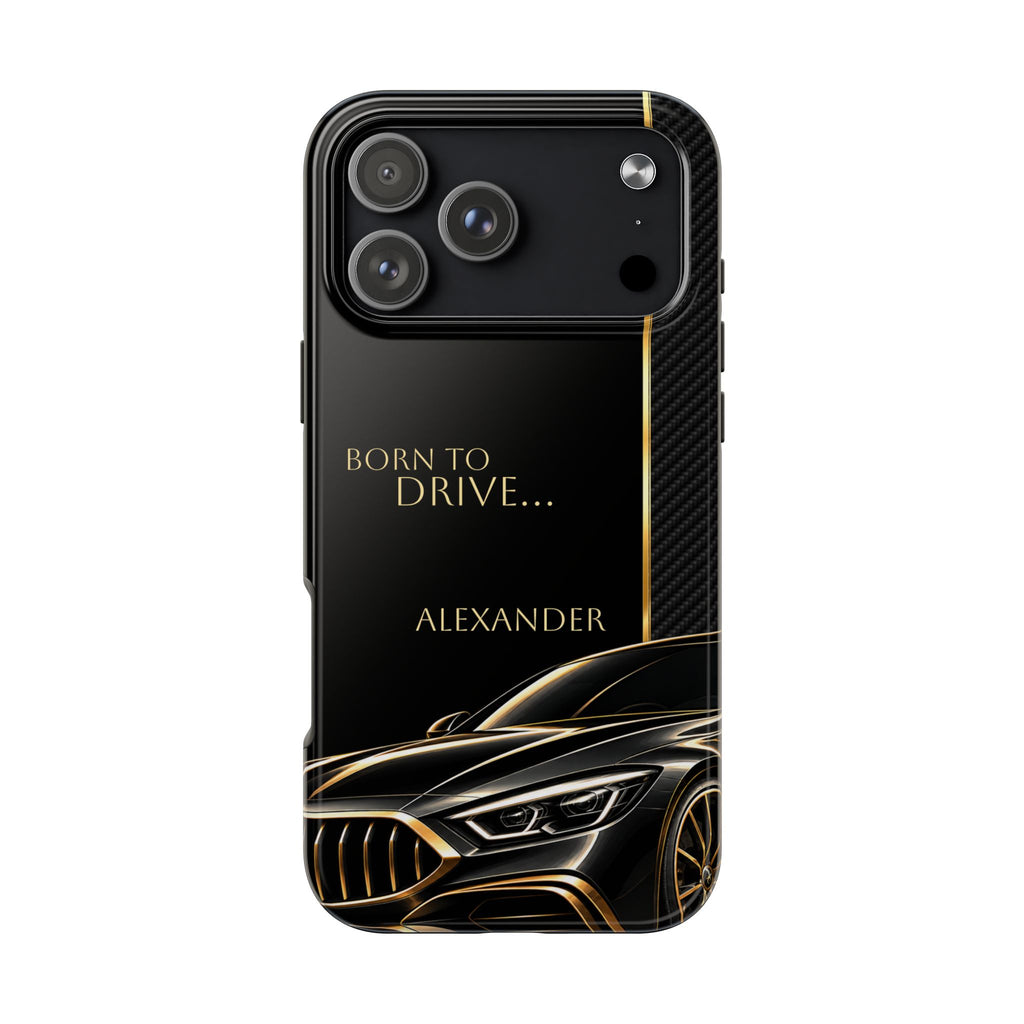 Born to Drive Personalized Tough Phone Case — Personalized Luxury Car Phone Case – Black & Gold Automotive Design